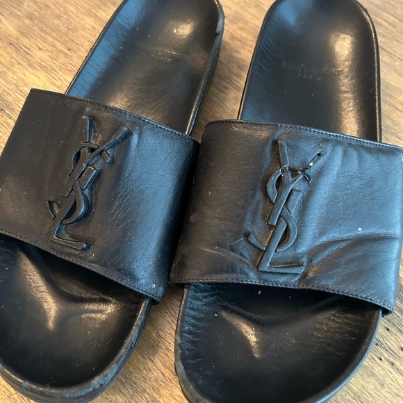 YSL Saint Laurent Joan Logo Slides Sandals Black Leather Sz 37.5 FAIR - Picture 12 of 14